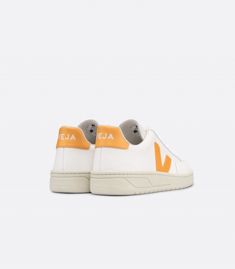 Men's Veja V-12 Leather Ouro Low-Top Sneakers White Yellow | CJY3728WR