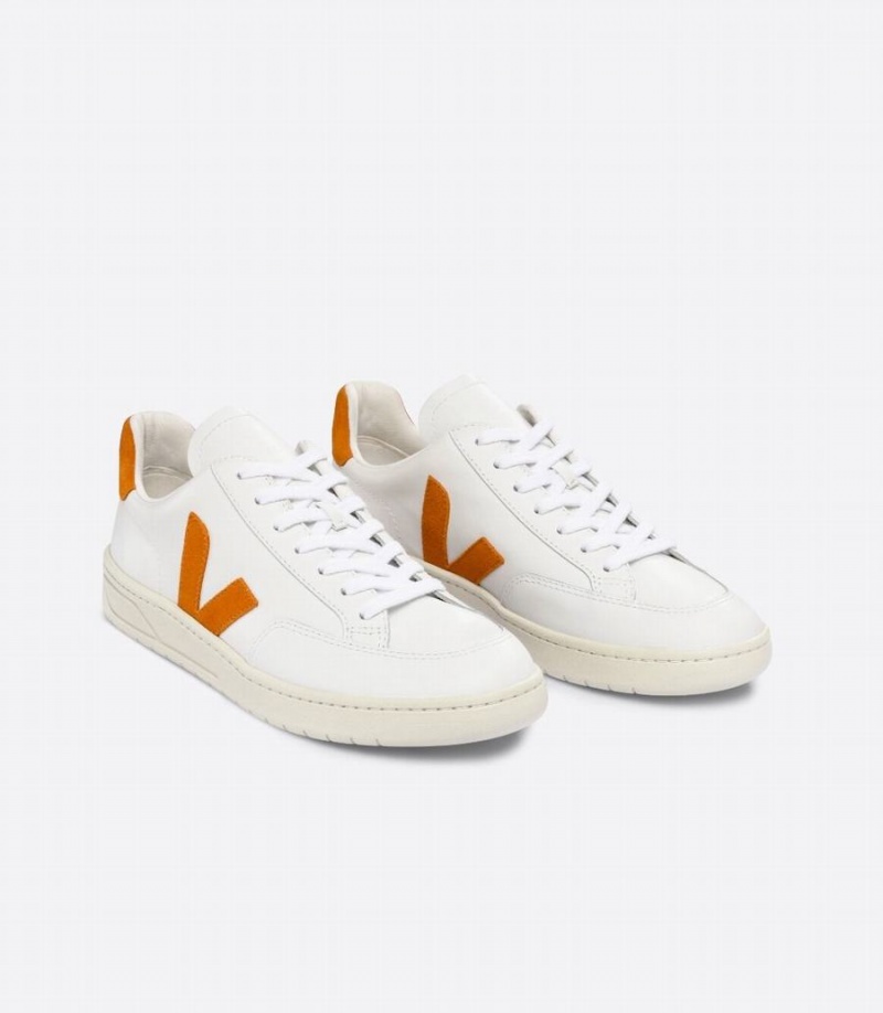 Men's Veja V-12 Leather Pumpkin Low-Top Sneakers White Orange | CTQ309KU