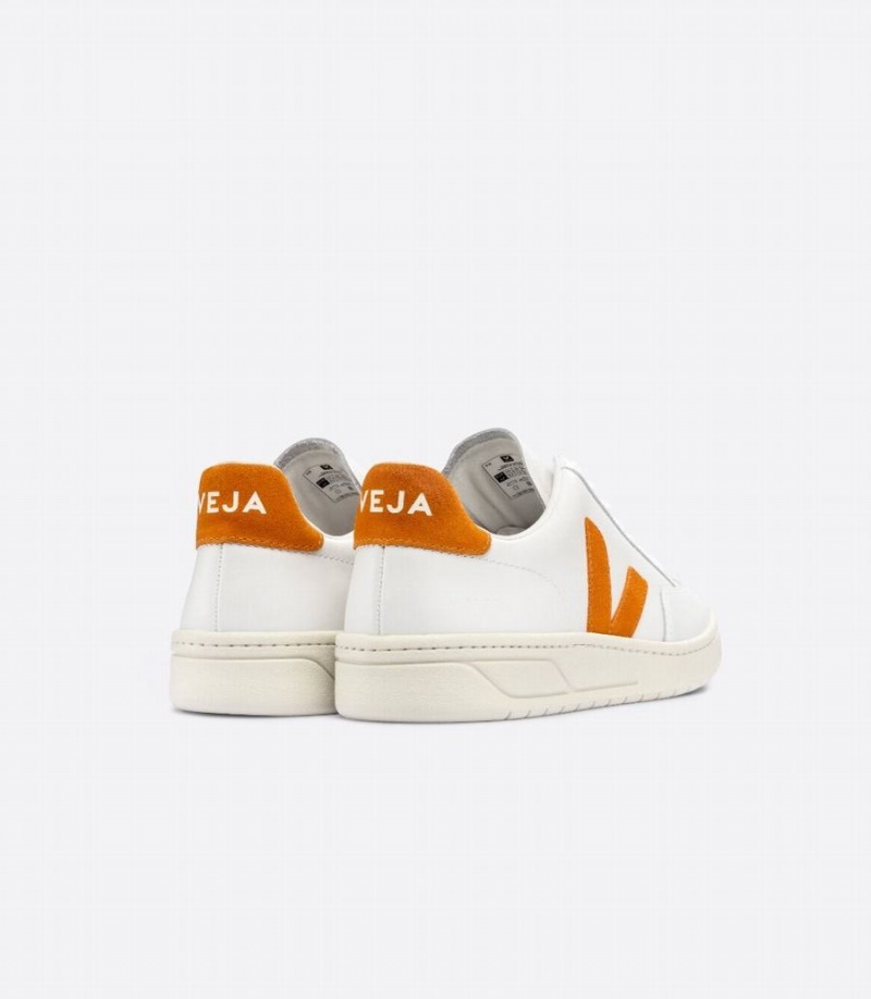 Men's Veja V-12 Leather Pumpkin Low-Top Sneakers White Orange | CTQ309KU