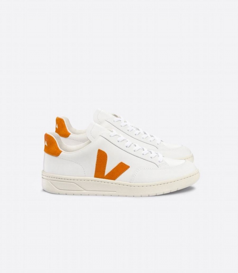 Men\'s Veja V-12 Leather Pumpkin Low-Top Sneakers White Orange | CTQ309KU