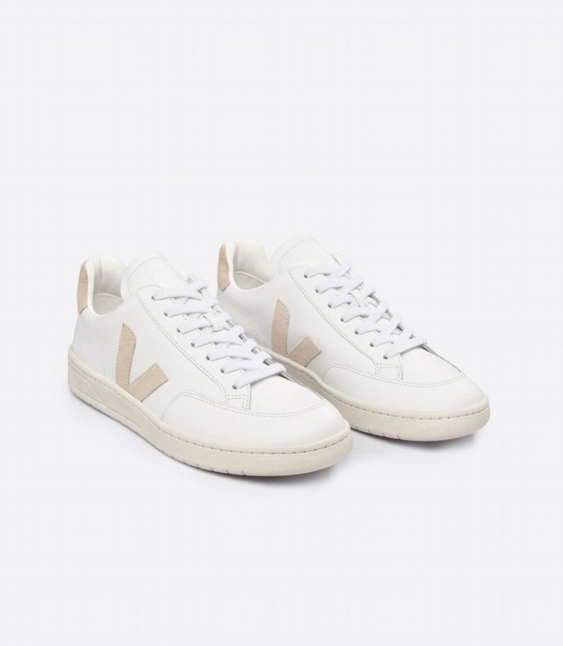 Men's Veja V-12 Leather Sable Low-Top Sneakers White Beige | NDR8783XH