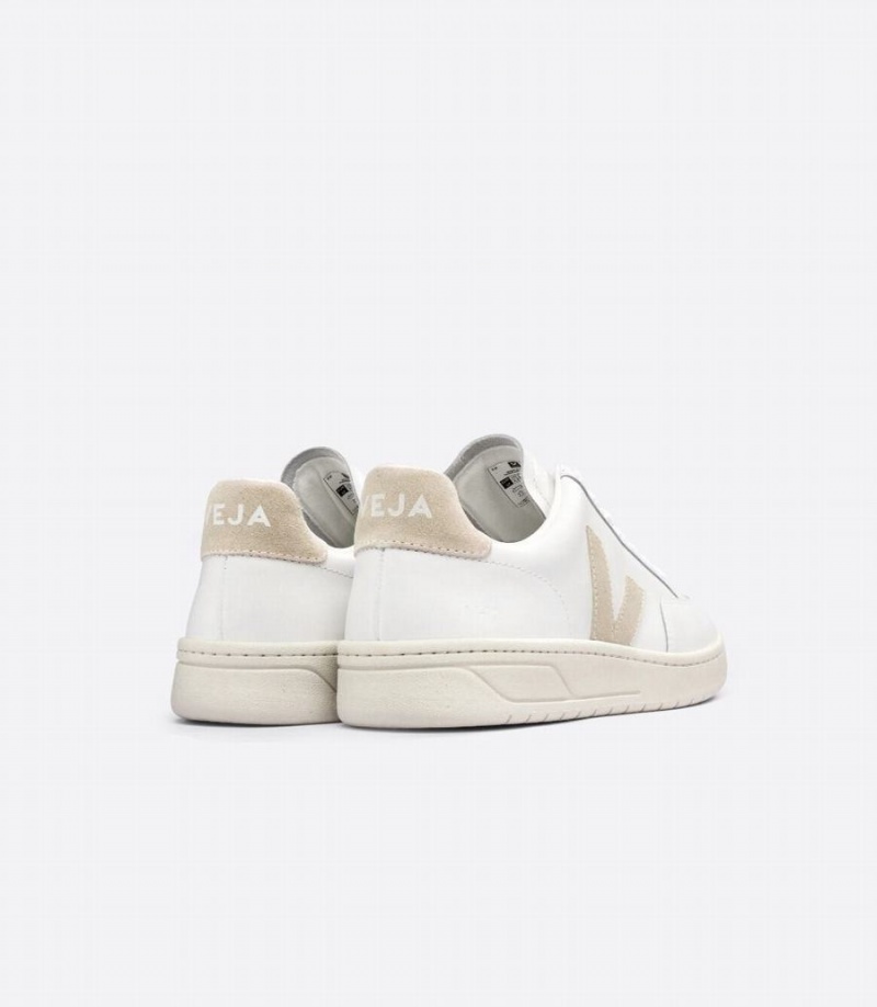 Men's Veja V-12 Leather Sable Low-Top Sneakers White Beige | NDR8783XH