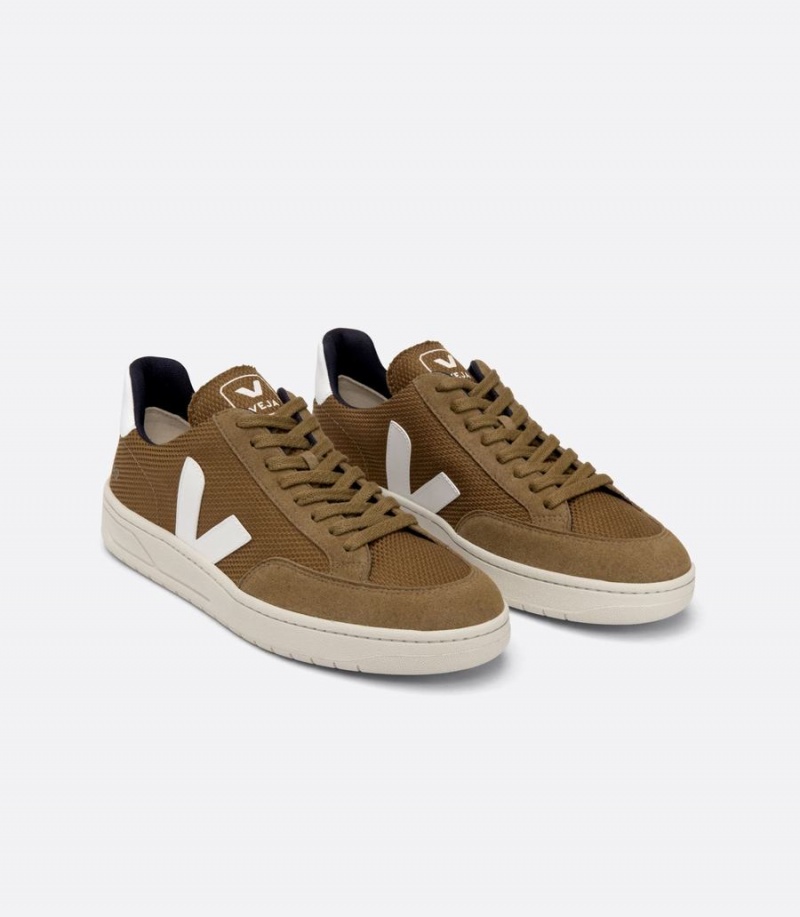 Men's Veja V-12 Vegan B-mesh Tent Low-Top Sneakers Brown White | UYJ9969JB