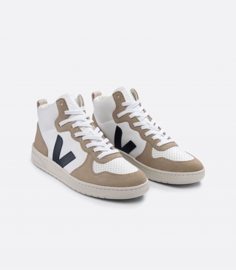 Men's Veja V-15 Chromefree Leather Boat High-Top Sneakers White Brown Black | XDW168DR