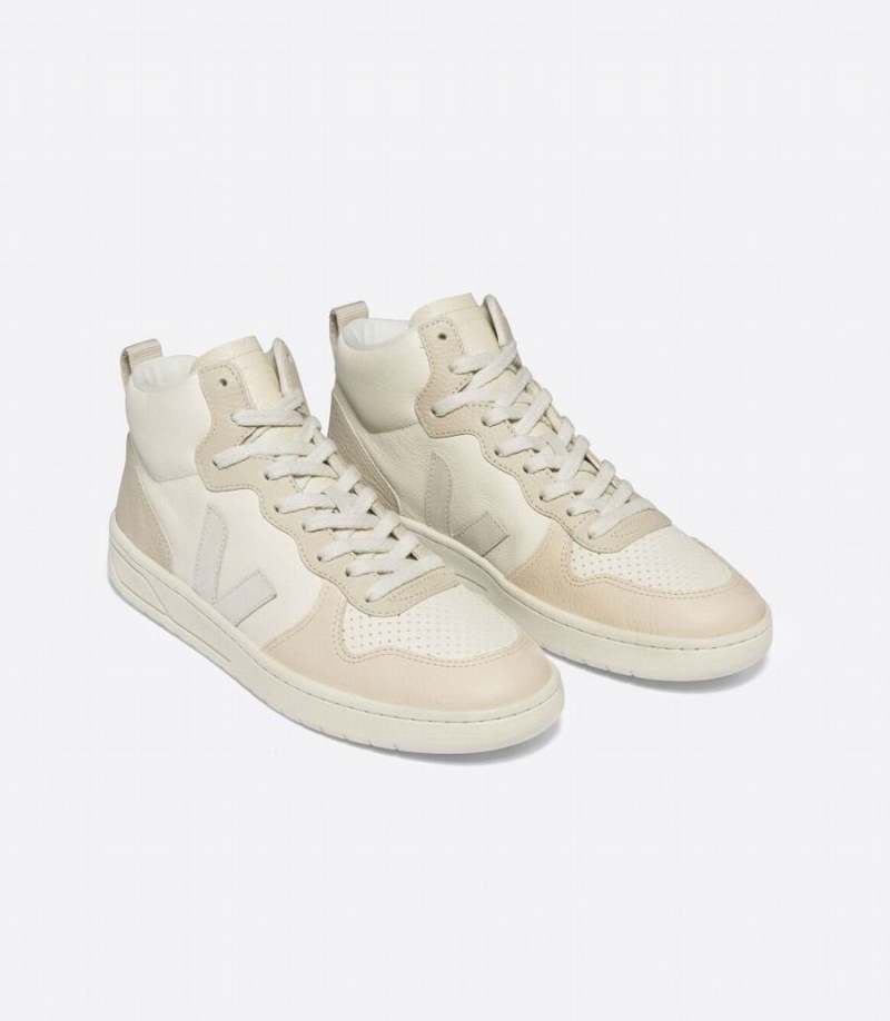 Men's Veja V-15 Chromefree Leather Cashew High-Top Sneakers White Beige | GOG8236OM