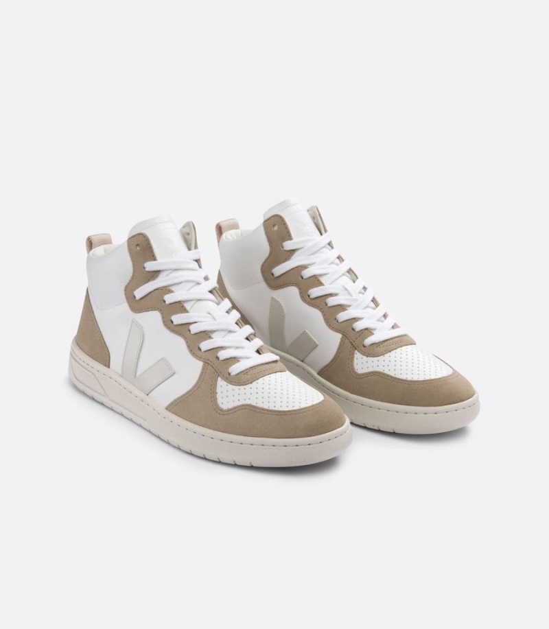 Men's Veja V-15 Chromefree Leather High-Top Sneakers White Brown | IOV7144IF