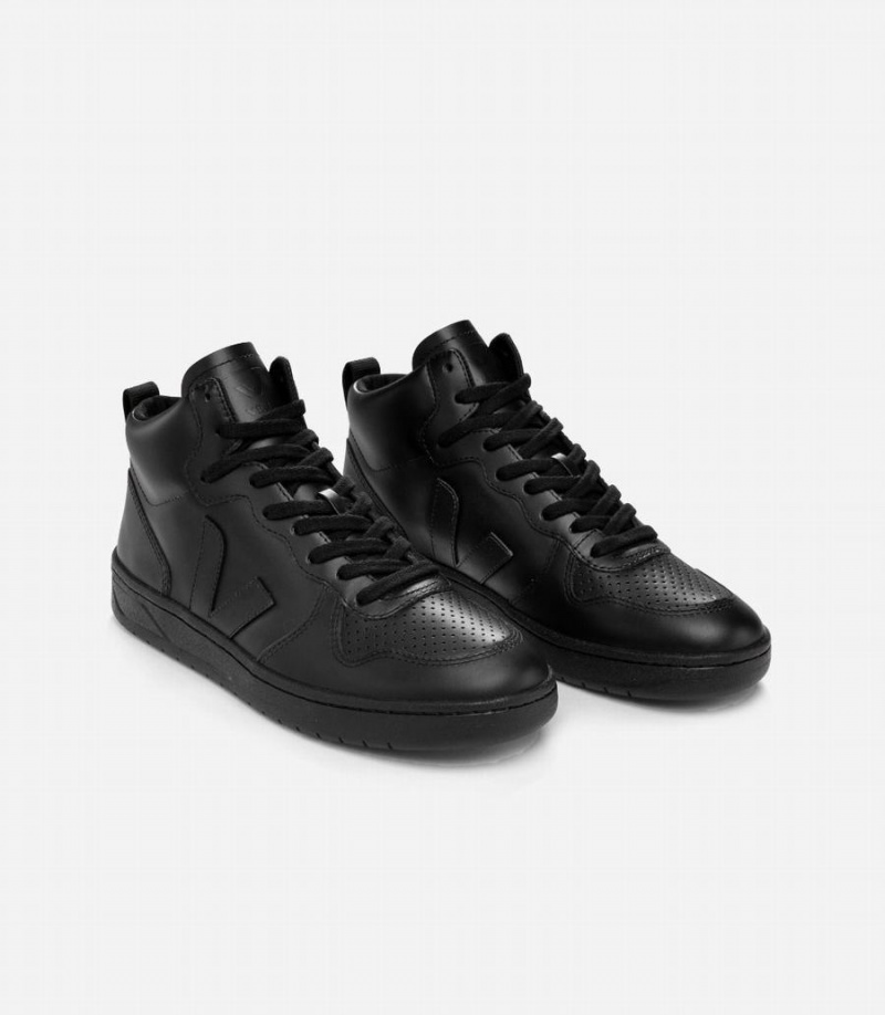 Men's Veja V-15 Leather High-Top Sneakers Black | OJR5684UN