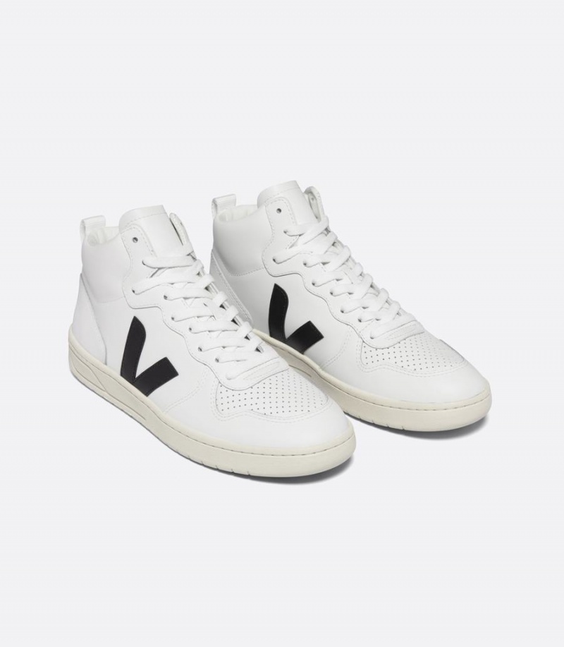 Men's Veja V-15 Leather High-Top Sneakers White Black | LES9926DR