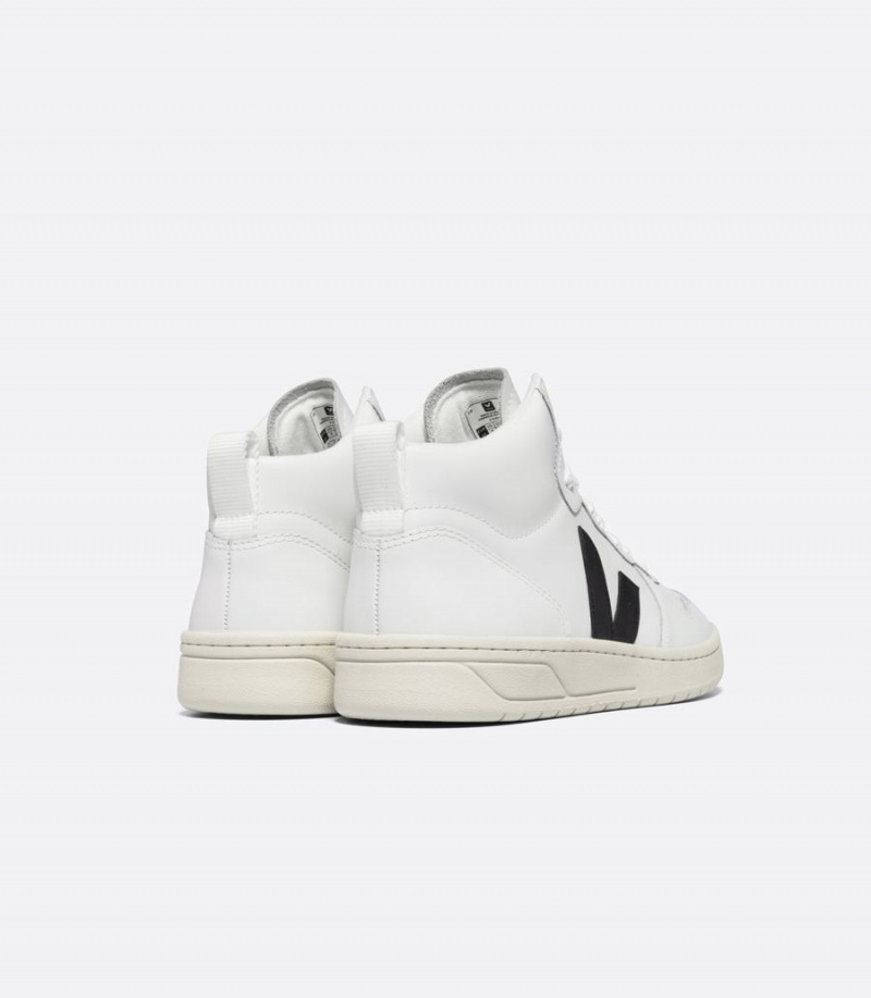 Men's Veja V-15 Leather High-Top Sneakers White Black | LES9926DR