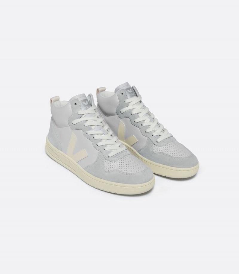 Men's Veja V-15 Leather Pearl Cashew High-Top Sneakers Grey | RMB7560NL