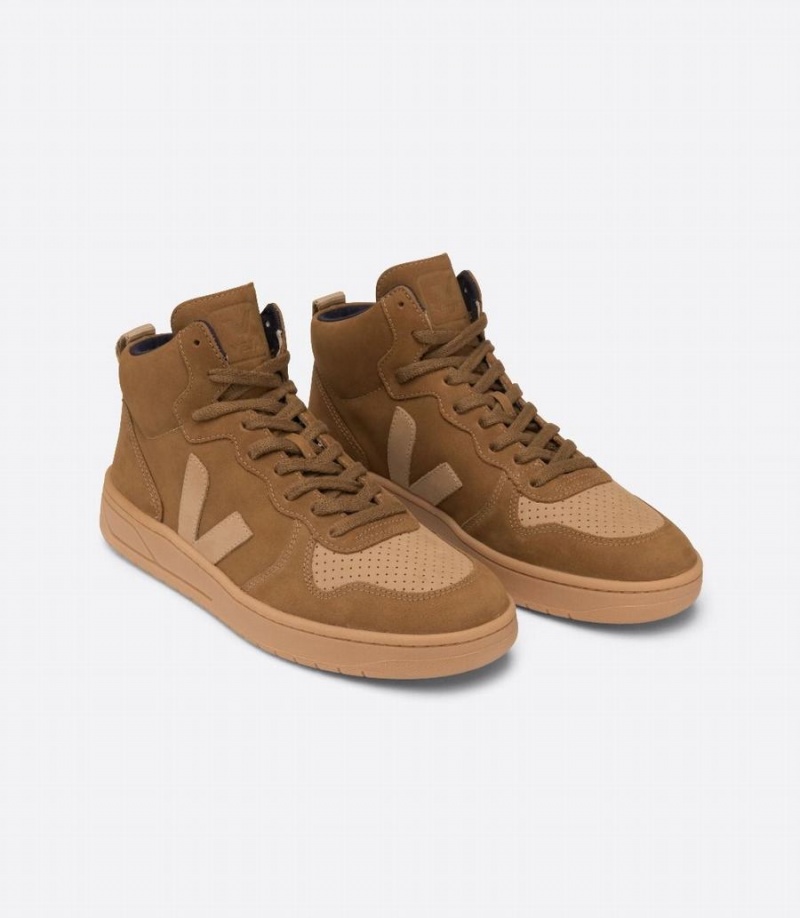 Men's Veja V-15 Nubuck High-Top Sneakers Brown | AHW4299MG