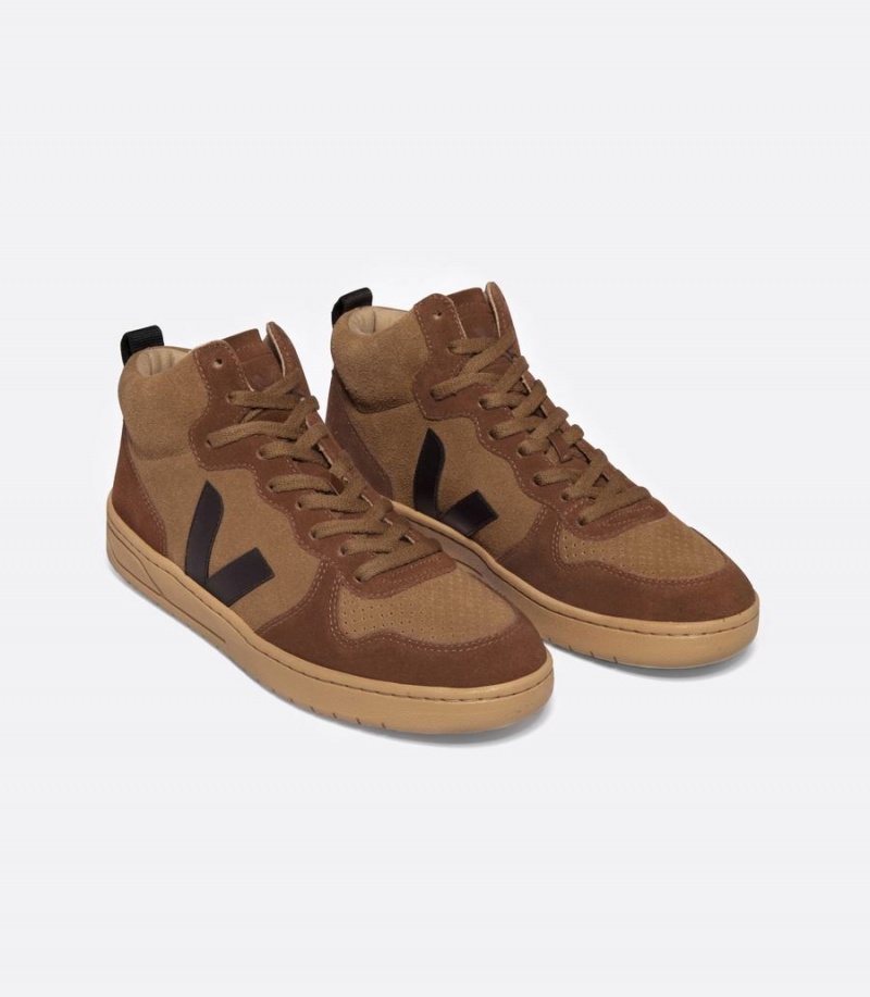 Men's Veja V-15 Suede High-Top Sneakers Brown Black | UES3232SB