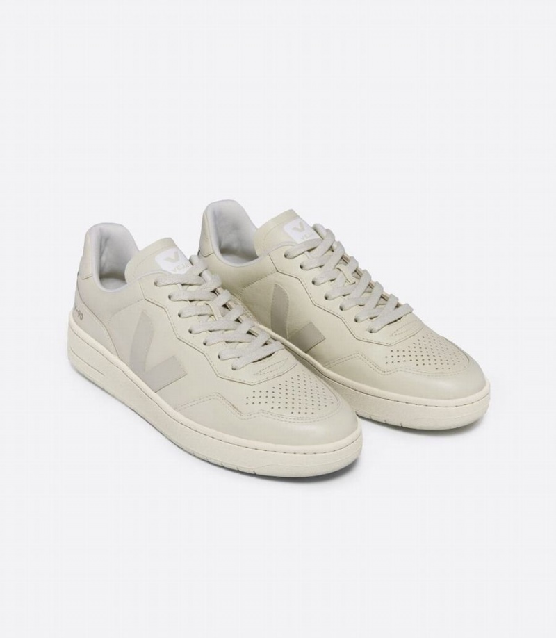 Men's Veja V-90 Leather Cashew Low-Top Sneakers White Grey | MMQ5232HY