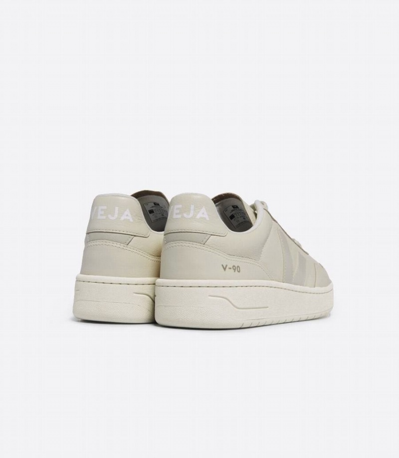 Men's Veja V-90 Leather Cashew Low-Top Sneakers White Grey | MMQ5232HY