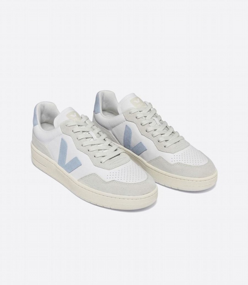 Men's Veja V-90 Leather Low-Top Sneakers White Grey Blue | AIP1885CB