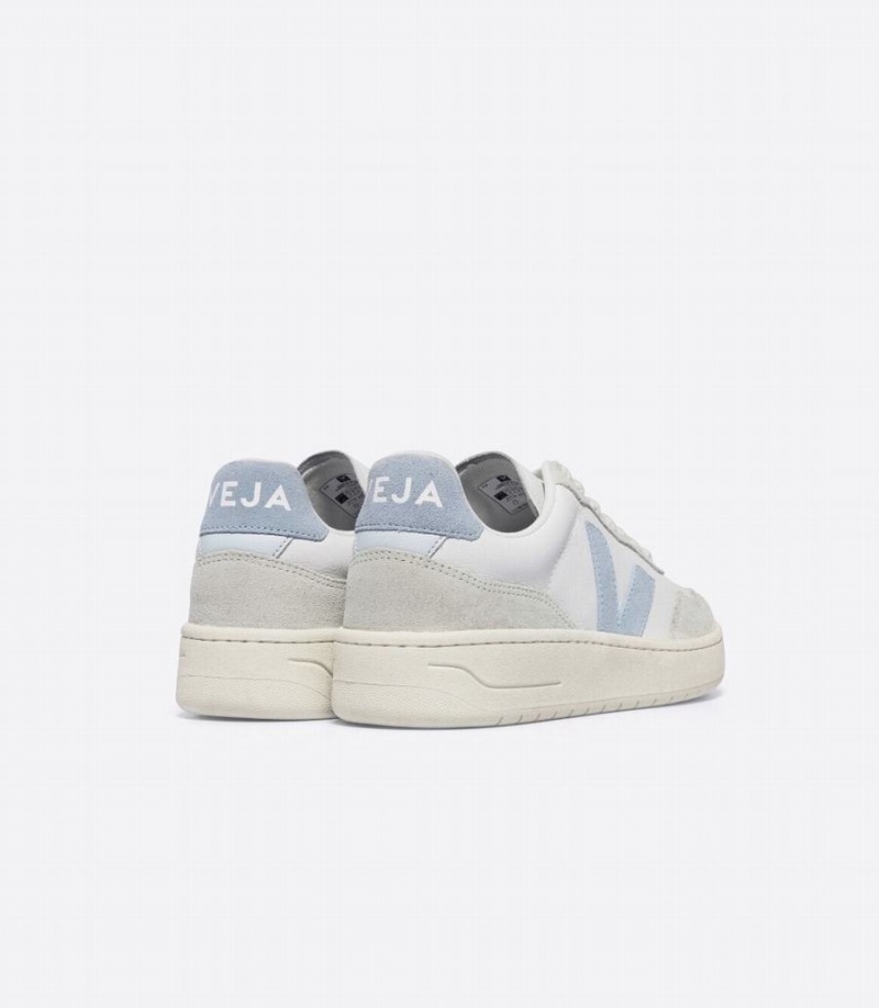 Men's Veja V-90 Leather Low-Top Sneakers White Grey Blue | AIP1885CB