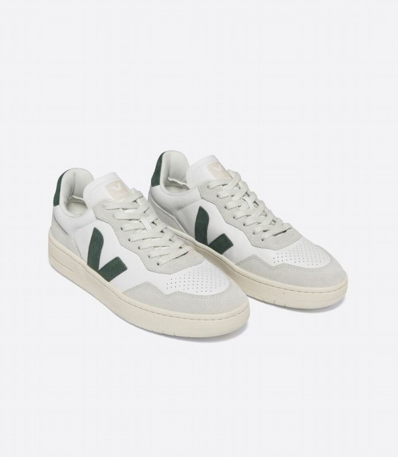 Men's Veja V-90 Leather Low-Top Sneakers White Grey Green | TOT1276OP