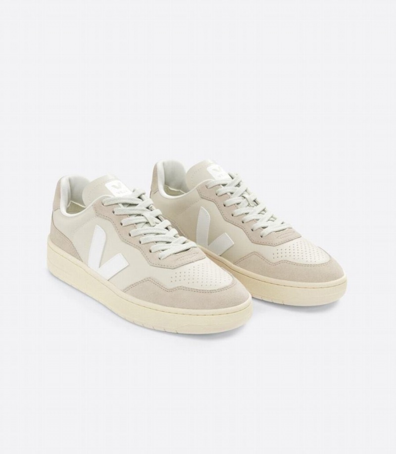 Men's Veja V-90 Leather Low-Top Sneakers White Beige | NET8981LE