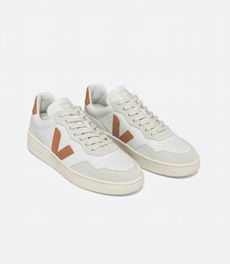 Men's Veja V-90 Leather Umber Low-Top Sneakers White Grey Brown | XKM1891GX