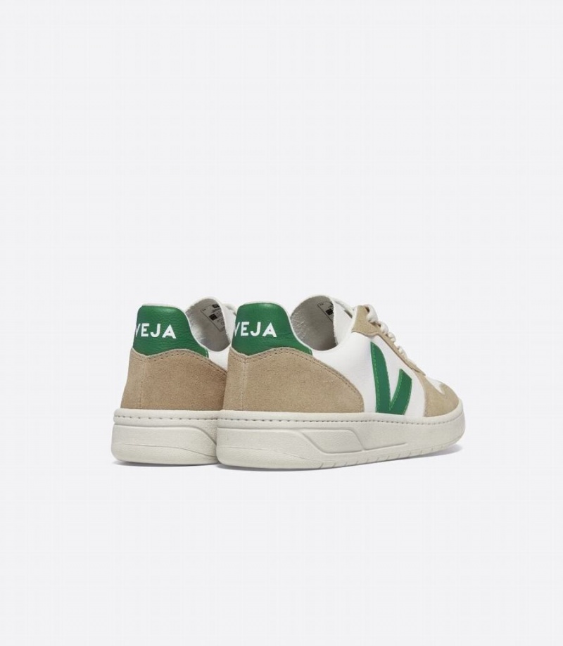 Women's Veja V-10 Chromefree Leather Low-Top Sneakers White Brown Green | NGQ5093VK