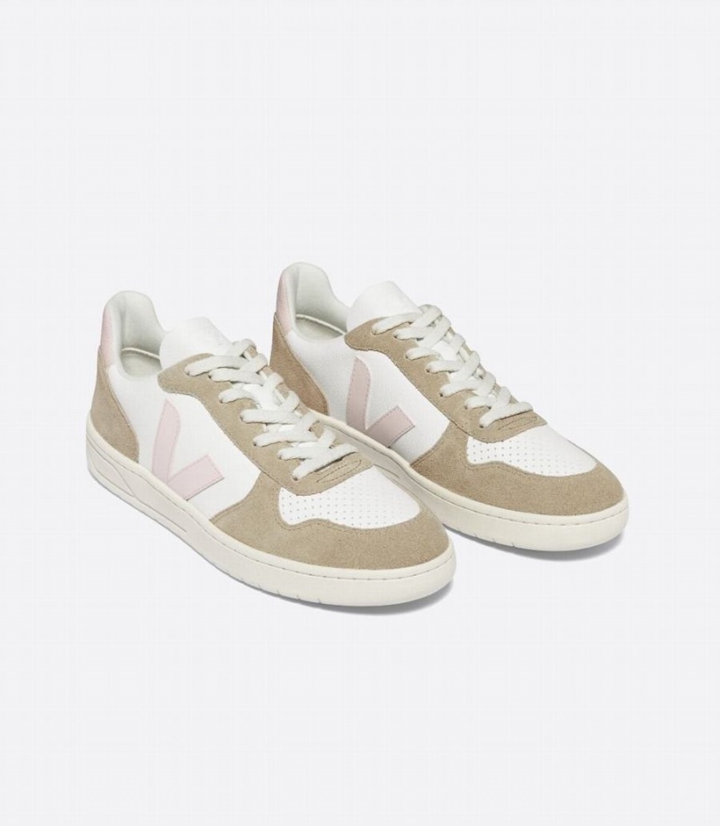 Women's Veja V-10 Chromefree Leather Petale Low-Top Sneakers White Brown | QLN215WC