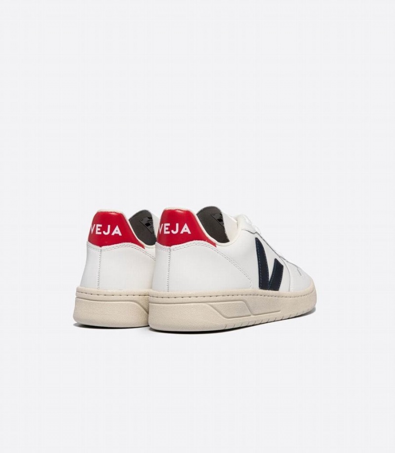 Women's Veja V-10 Leather Boat Pekin Low-Top Sneakers White Red Black | OWZ5481NA