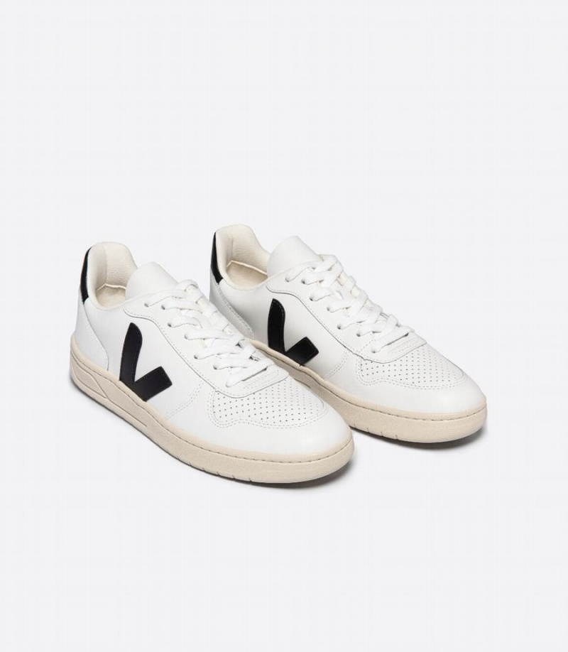 Women's Veja V-10 Leather Low-Top Sneakers White Black | SIK1448QS