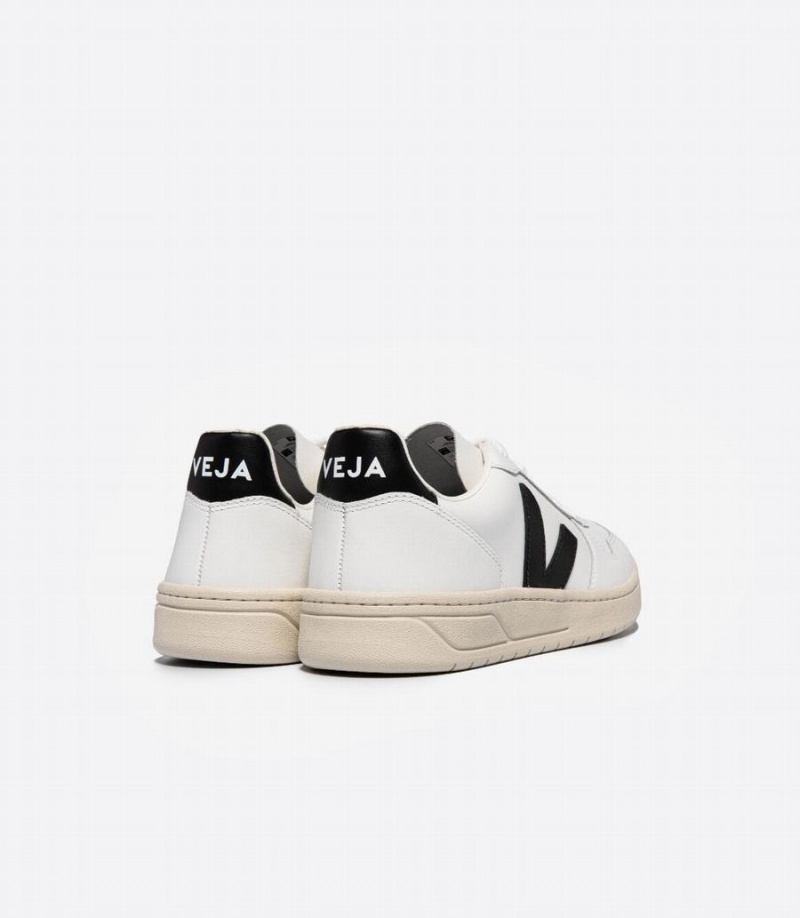 Women's Veja V-10 Leather Low-Top Sneakers White Black | SIK1448QS