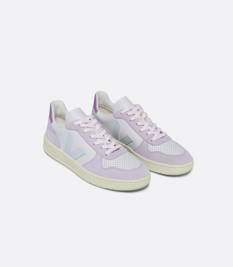 Women's Veja V-10 Leather Menthol Parme Low-Top Sneakers Purple Blue | QEC5817RE