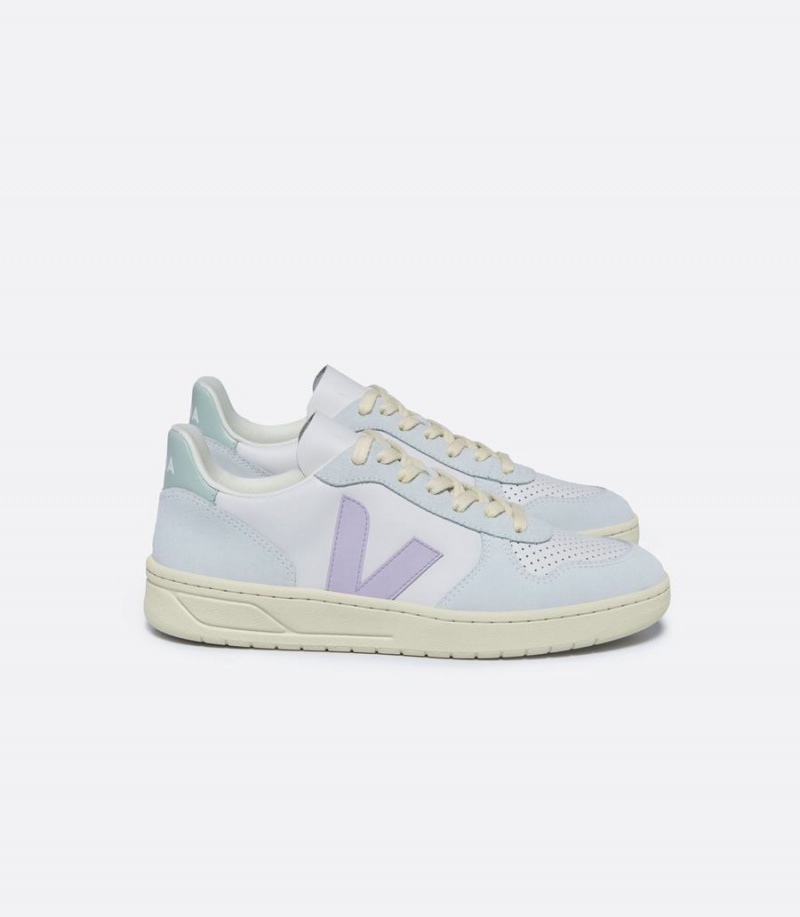 Women\'s Veja V-10 Leather Parme Menthol Low-Top Sneakers Blue Purple | POQ8763SL