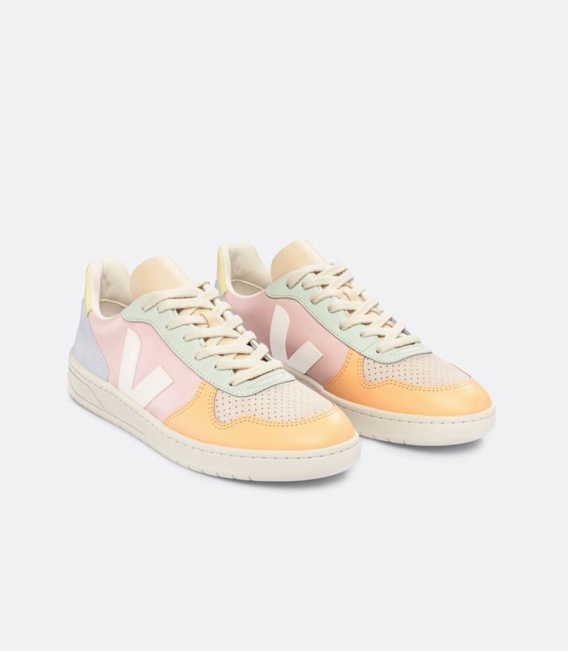 Women's Veja V-10 Leather Petale Low-Top Sneakers Pink Yellow Blue White | FVP6799CN