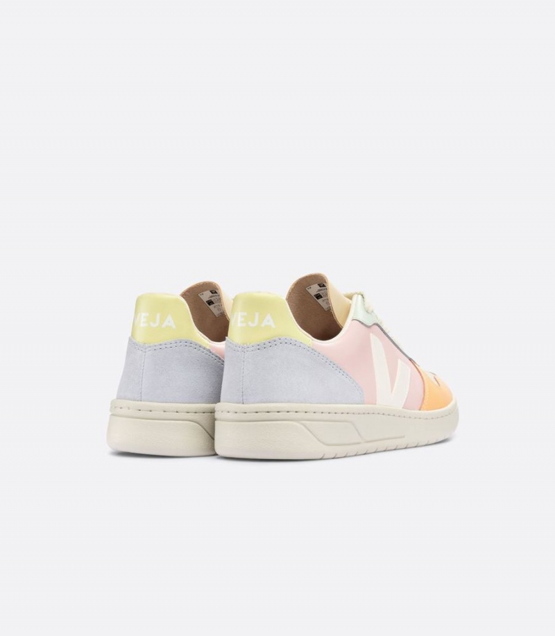 Women's Veja V-10 Leather Petale Low-Top Sneakers Pink Yellow Blue White | FVP6799CN