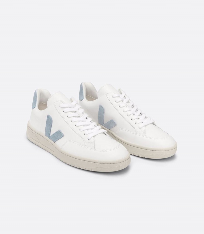 Women's Veja V-12 Leather Low-Top Sneakers White Blue | CCT4938SH