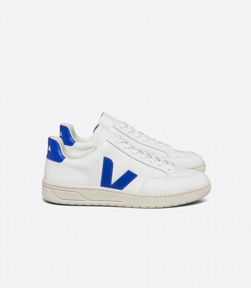 Women\'s Veja V-12 Leather Low-Top Sneakers White Blue | FBH2887BP