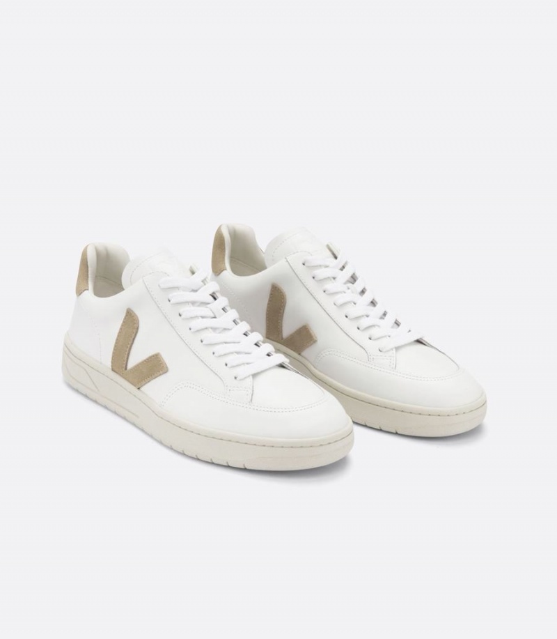 Women's Veja V-12 Leather Low-Top Sneakers White Brown | SZY3096RY