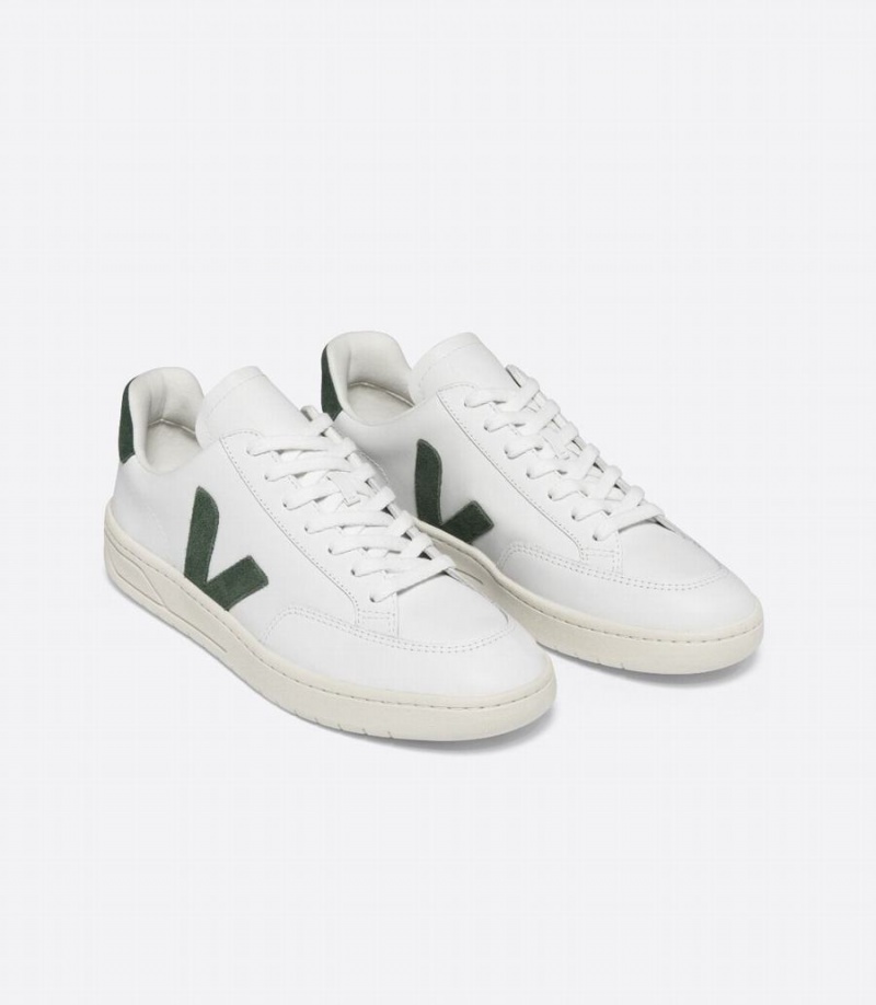 Women's Veja V-12 Leather Low-Top Sneakers White Green | PYU8939ZE