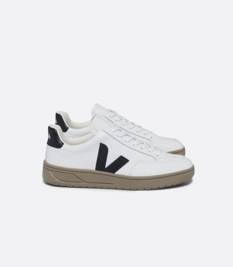 Women\'s Veja V-12 Leather Low-Top Sneakers White Black Brown | XQZ8423TH