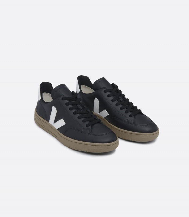 Women's Veja V-12 Leather Low-Top Sneakers Black White Brown | EAM4847TX