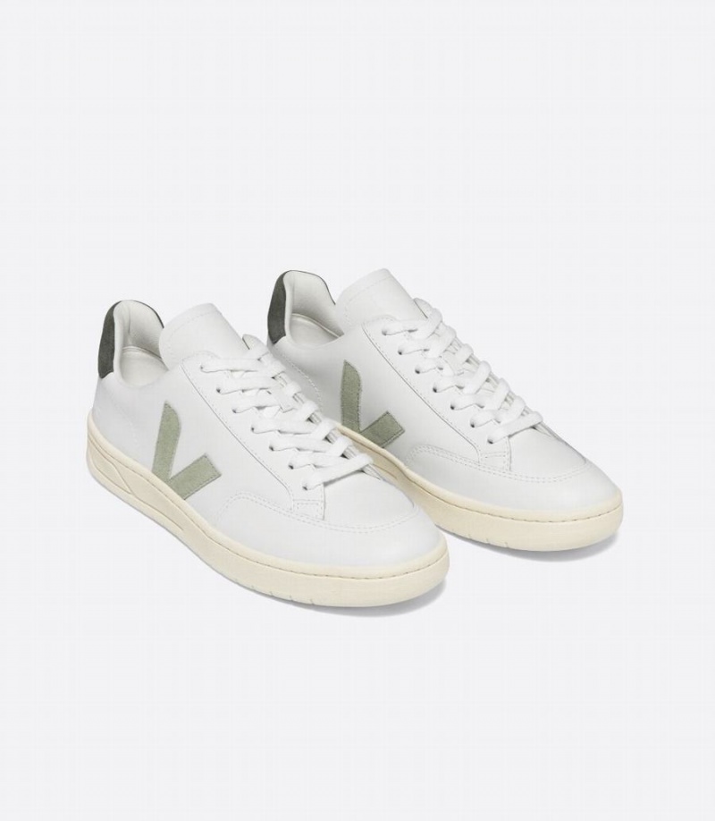 Women's Veja V-12 Leather Mud Low-Top Sneakers White Green | MAA6547FT