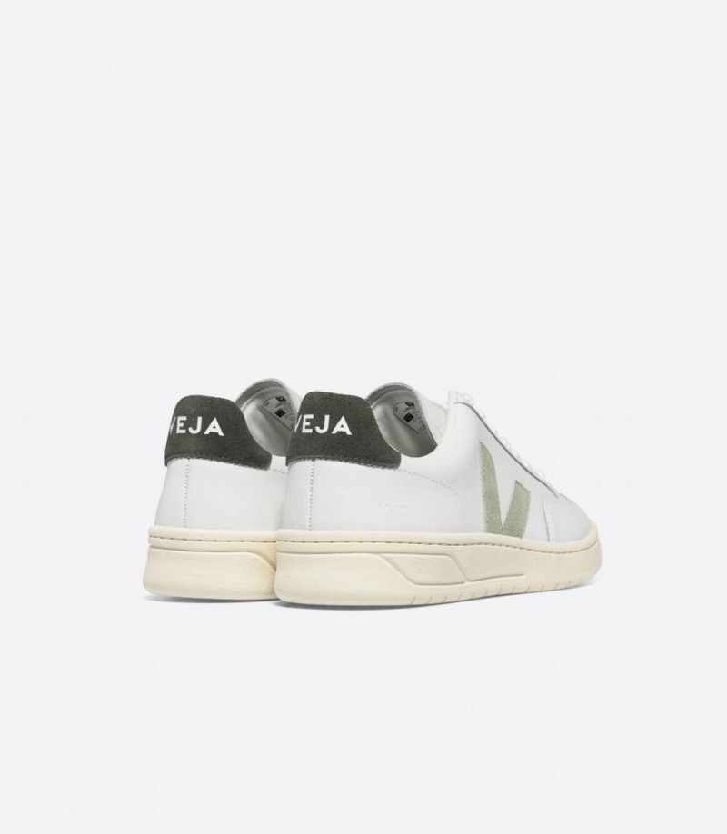 Women's Veja V-12 Leather Mud Low-Top Sneakers White Green | MAA6547FT