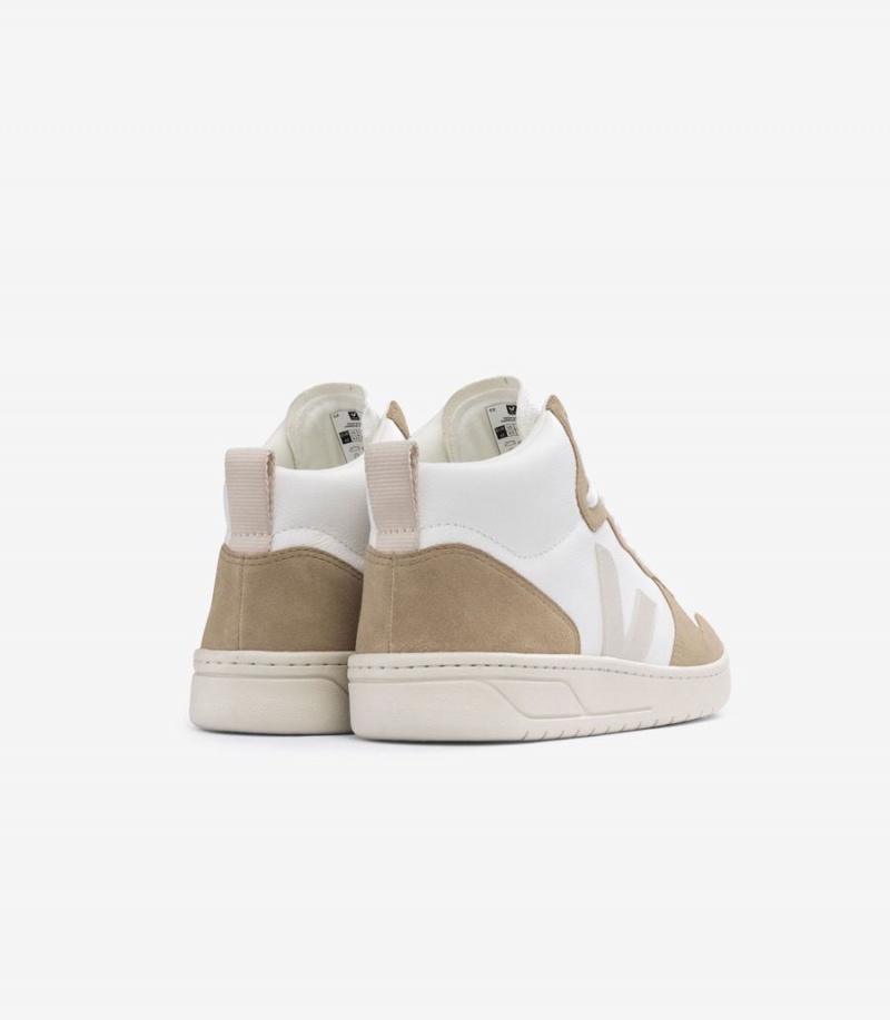 Women's Veja V-15 Chromefree Leather High-Top Sneakers White Brown | DGE6051RX