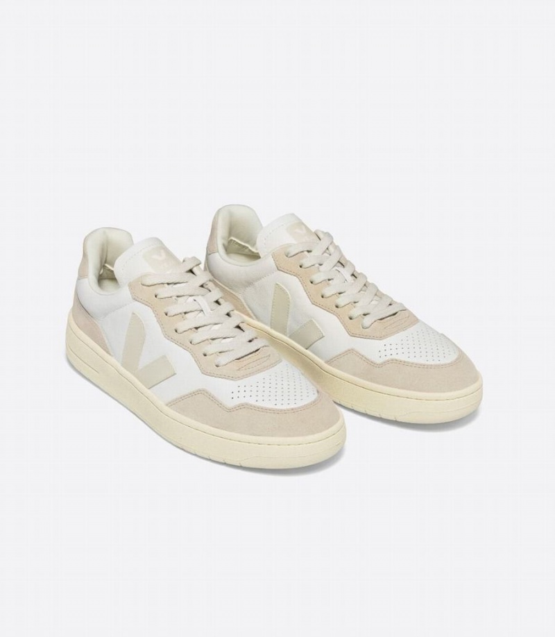 Women's Veja V-90 Leather Low-Top Sneakers White Beige | ILO1213UH